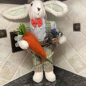 Karen Didion Plaid Bunny Plush with Carrot and Bow Tie $130